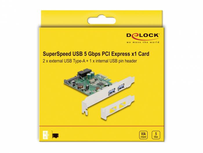 'DELOCK SuperSpeed USB 5 Gbps PCI Express x1 Kaart' met 2 externe USB Type-A aansluitingen en 1 interne USB-pin-header afgebeeld.