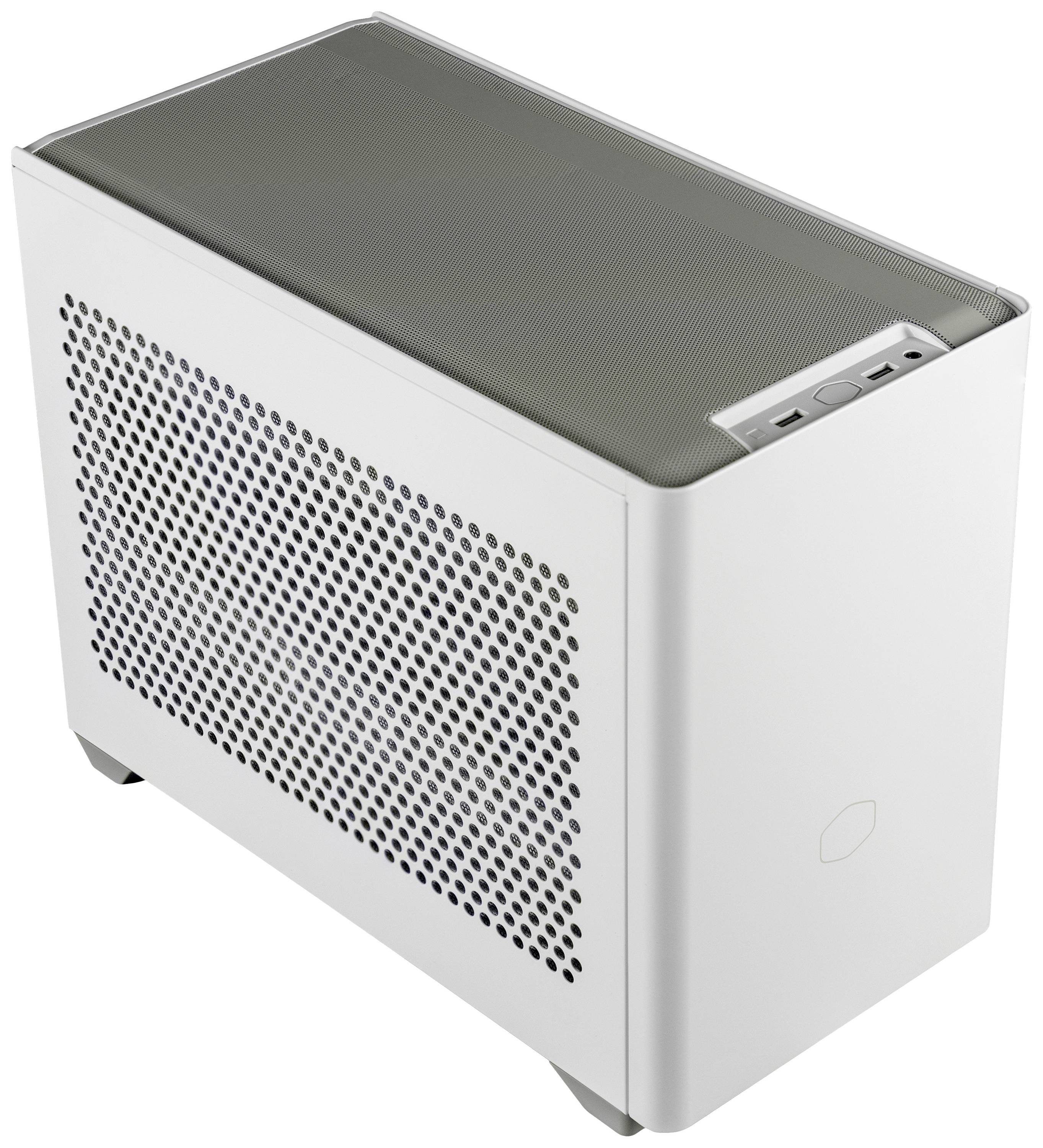 Compacte, witte computerbehuizing met geperforeerde zijwand en aansluitingen aan de bovenkant, geschikt voor thuiscomputer-builds.