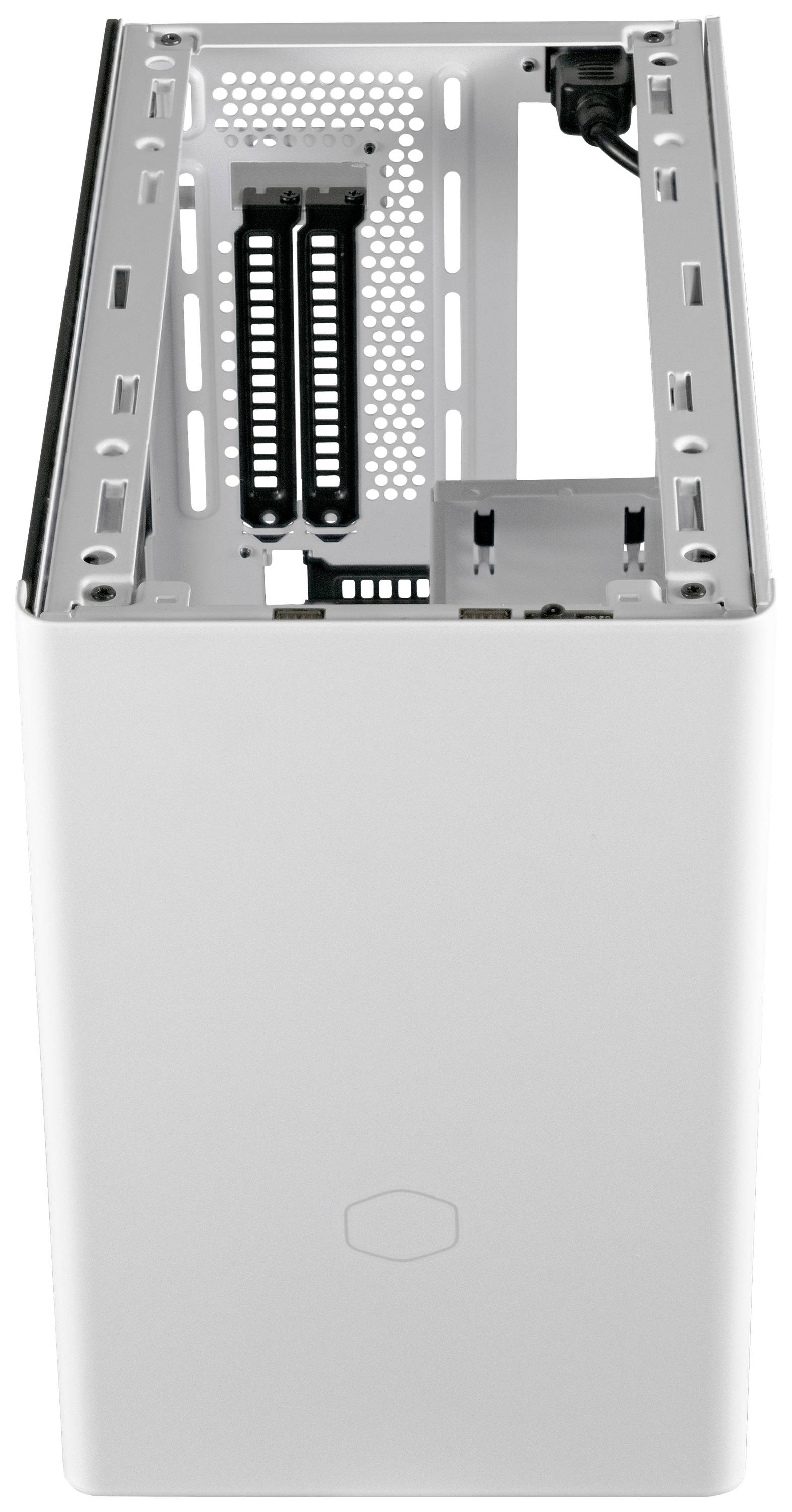 Witte pc-behuizing vooraanzicht zonder deksel, toont open binnenkant voor hardwareinstallatie.