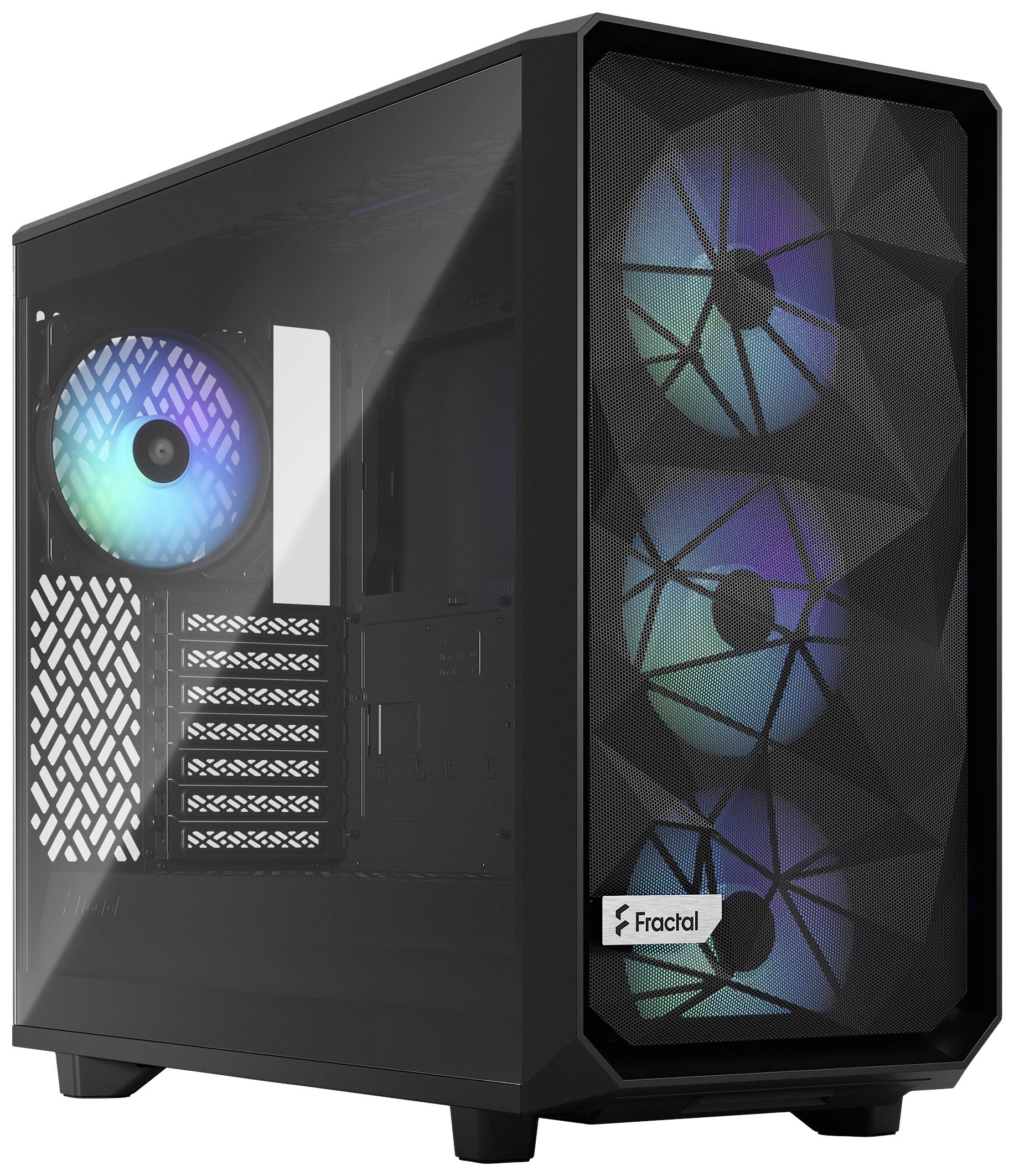 Zwart computerbehuizing met drie kleurrijk verlichte ventilatoren aan de voorkant en één aan de achterkant; merknaam 'Fractal'.