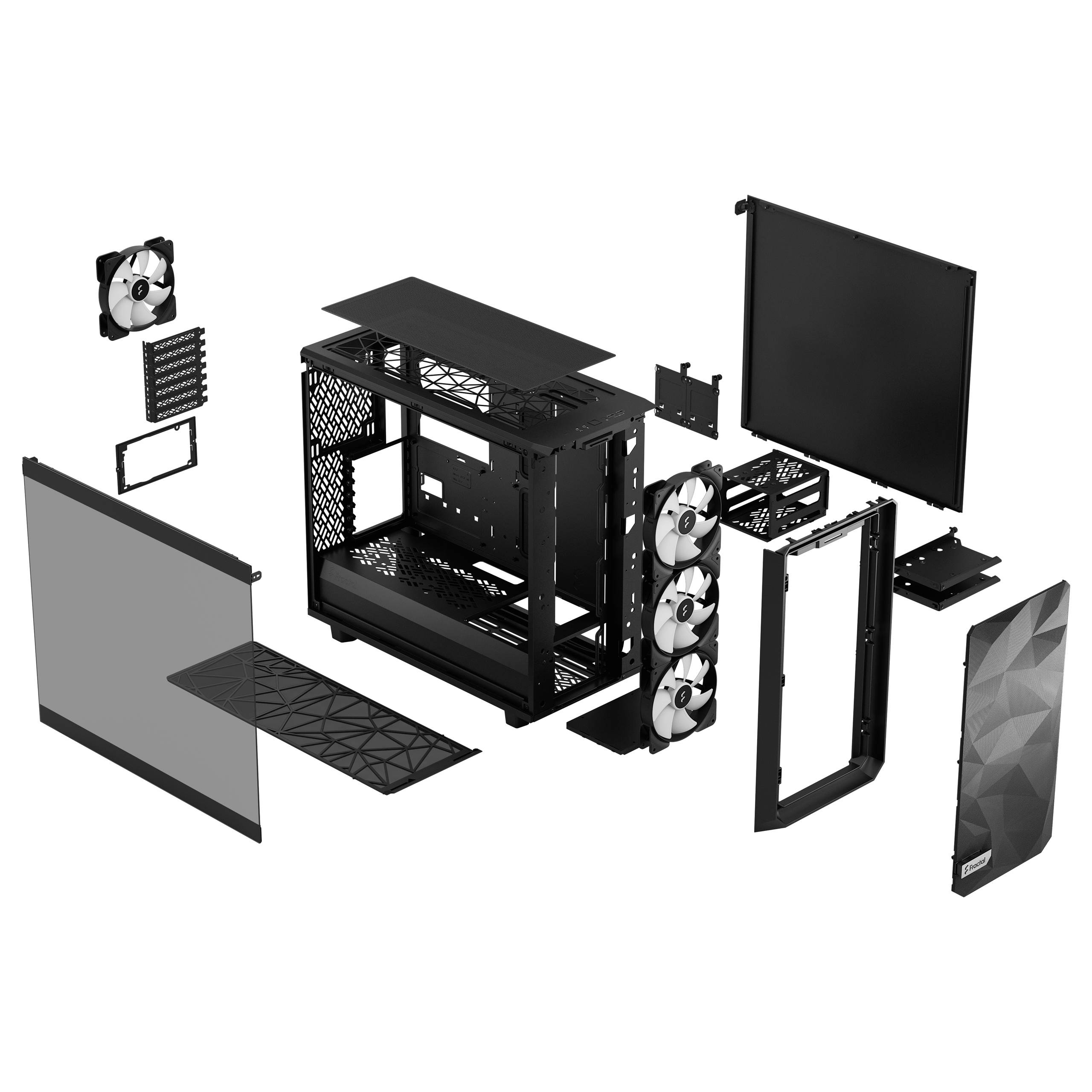 Gedemonteerde computerbehuizing-bouwset met afzonderlijke onderdelen: frame, ventilatoren, zijpanelen, voor- en achterkant; geschikt voor montage en doe-het-zelf projecten.