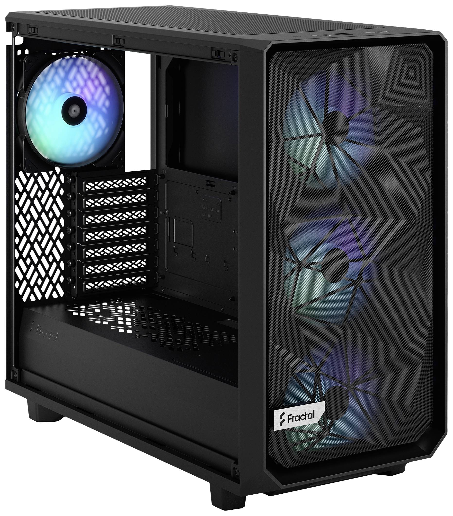 Zwart PC-behuizing van Fractal met zijdelings glazen venster, drie RGB-ventilatoren aan de voorkant, een RGB-ventilator aan de achterkant en modulaire schijfbehuizingen.