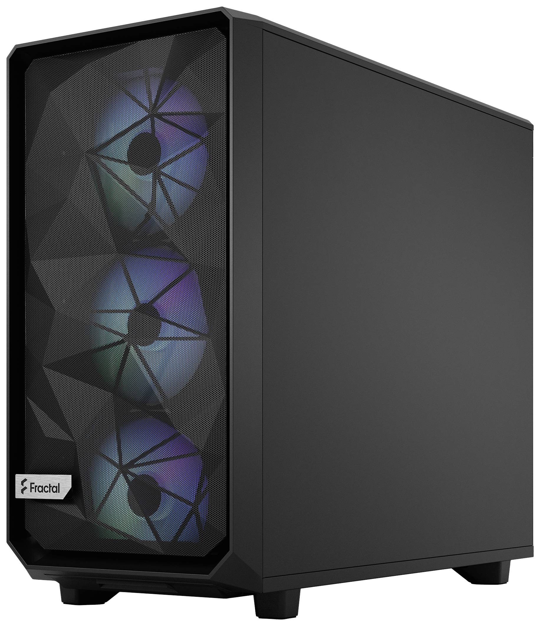 Zwart computerbehuizing van Fractal met drie RGB-ventilatoren aan de voorkant.