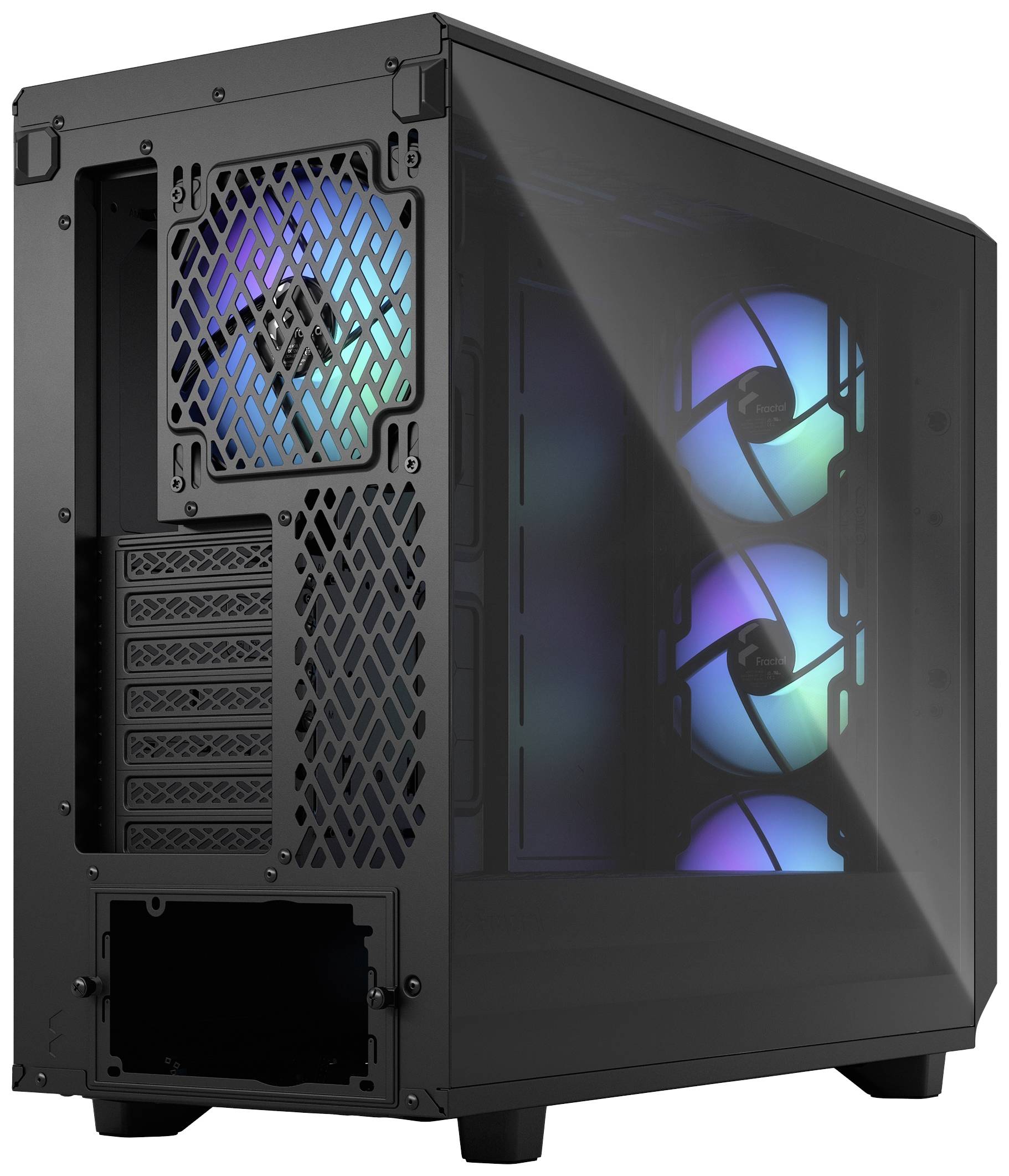 Een zwarte computerbehuizing met een glazen voorpaneel en RGB-verlichte ventilatoren die kleurrijke lichten weergeven.
