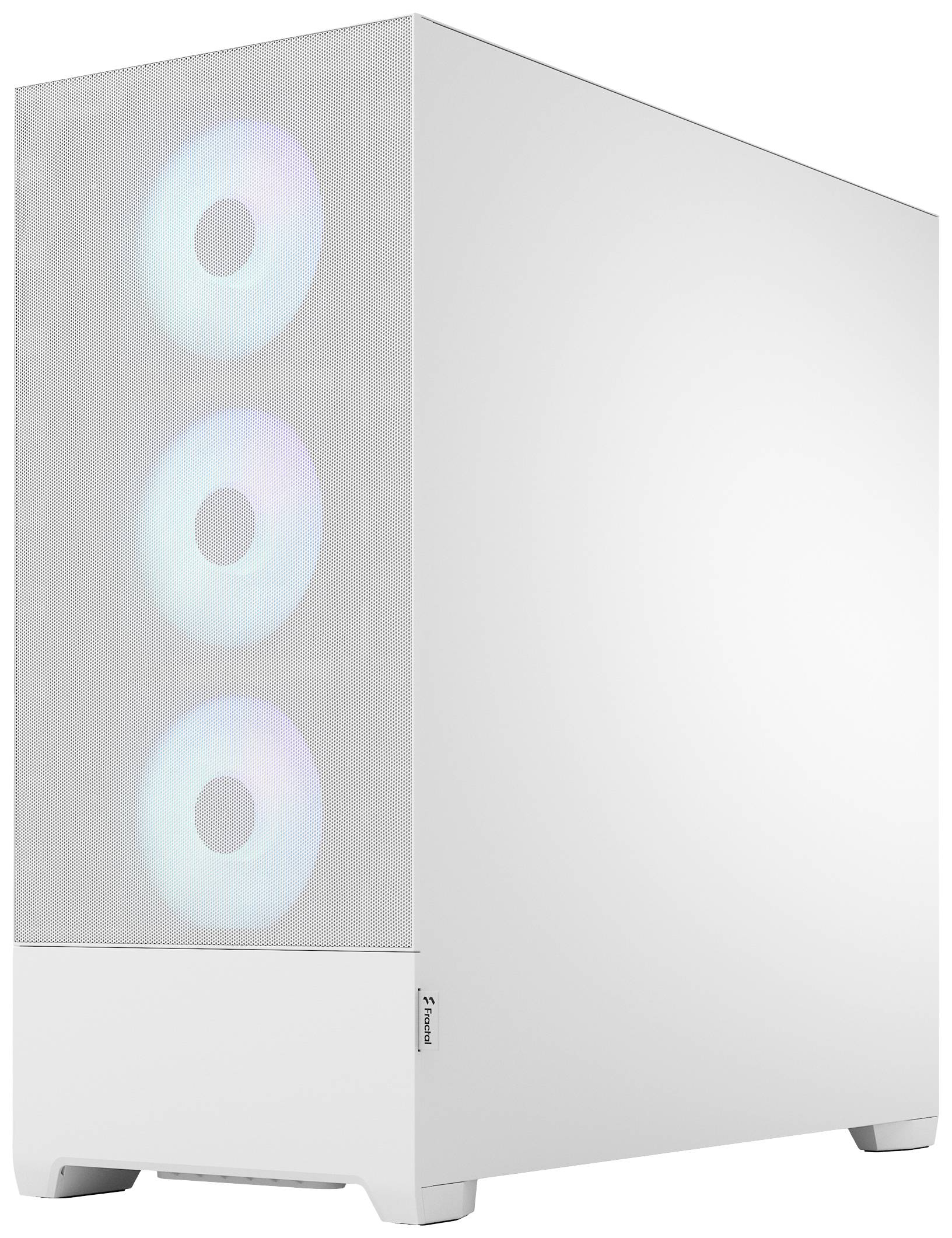 Wit pc-behuizing met transparante voorkant, toont drie verlichte ventilatoren. Minimalistisch design, geschikt voor gaming.