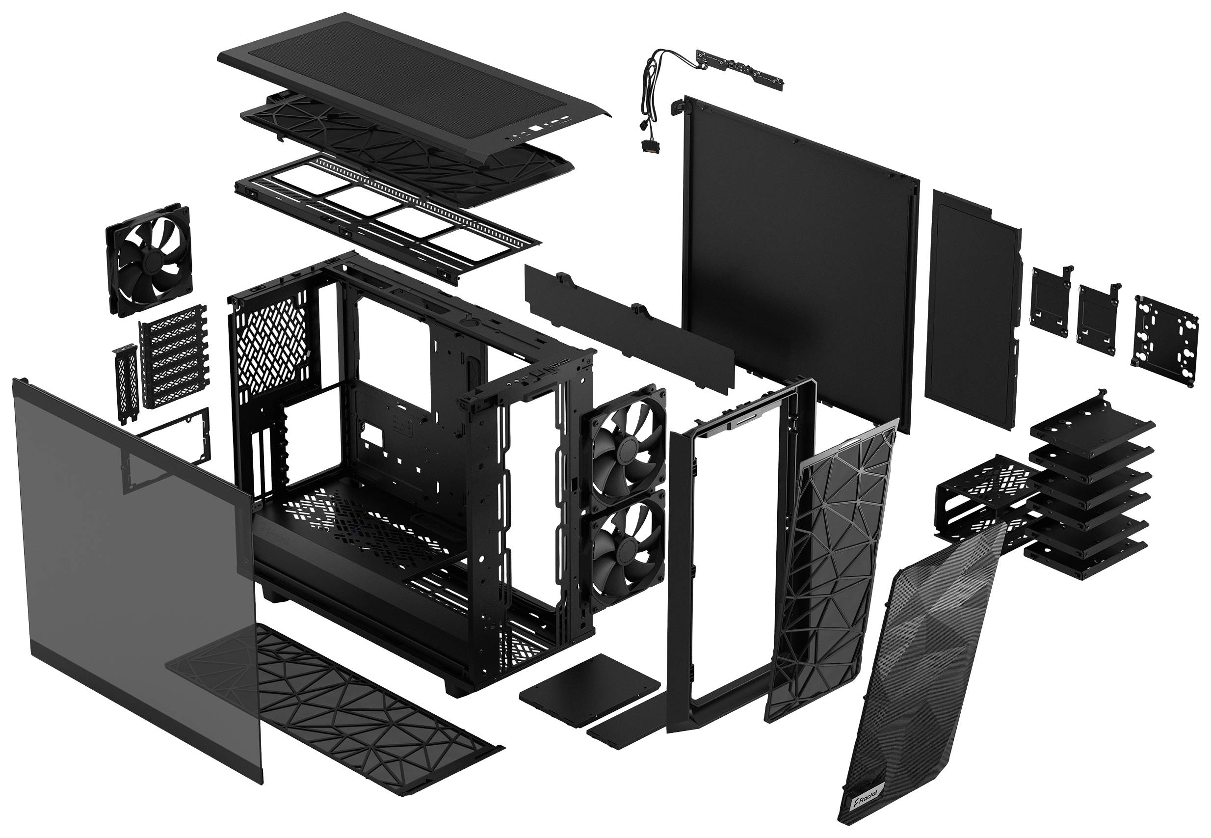 Ontploft aanzicht van een computerbehuizing met verschillende afzonderlijke componenten zoals frame, ventilatoren, zijpanelen en deksels.