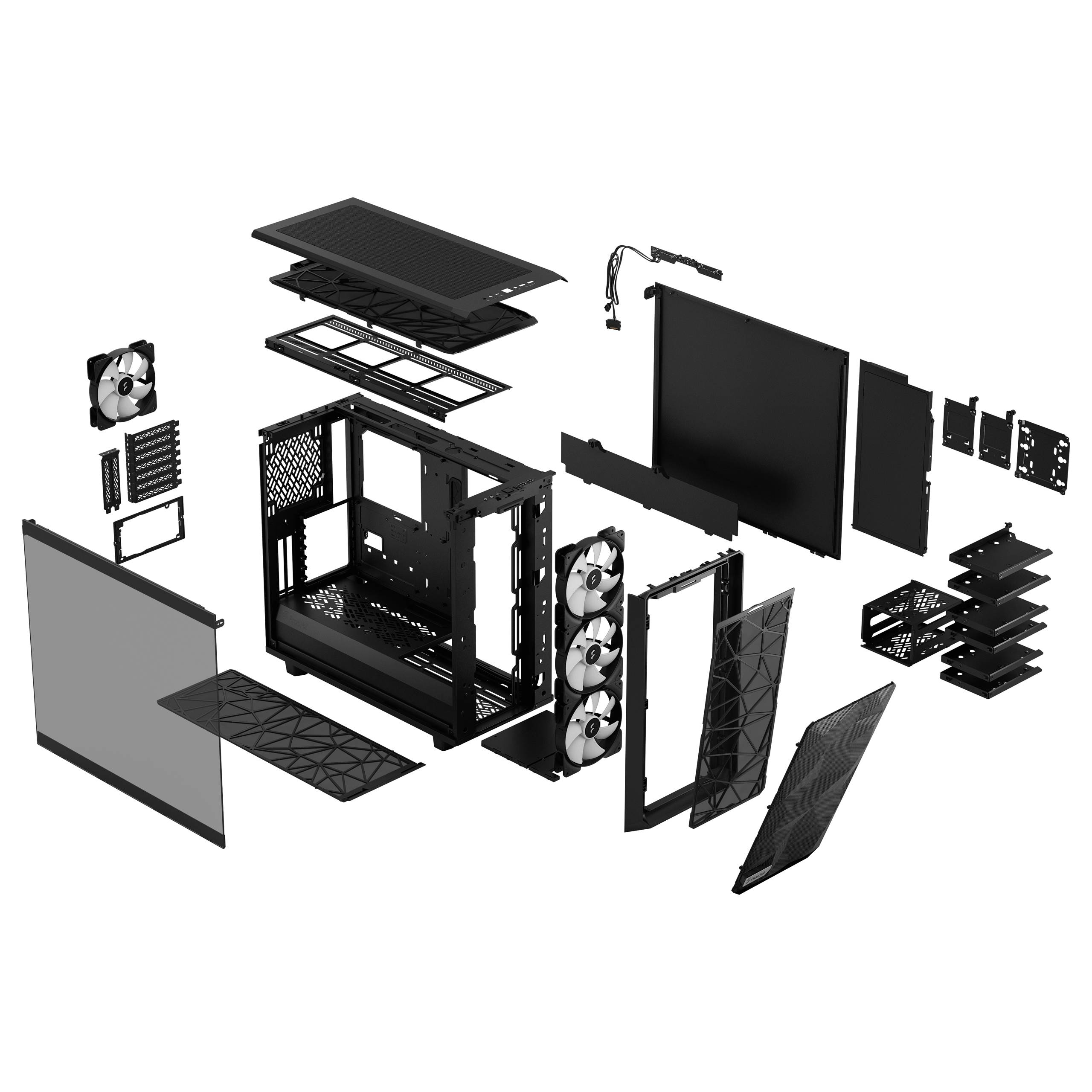 Ontploffingstekening van een computerbehuizing die alle componenten zoals ventilatoren, zijpanelen en stoffilters laat zien.