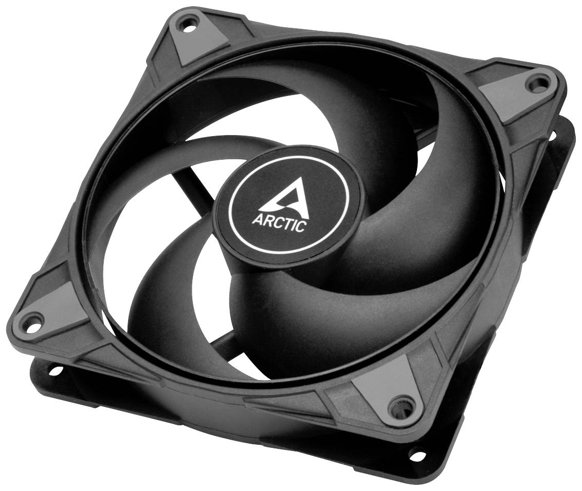 Zwarte computerventilator van Arctic met vier bevestigingsschroeven, geschikt voor de koeling van pc-behuizingen of componenten.