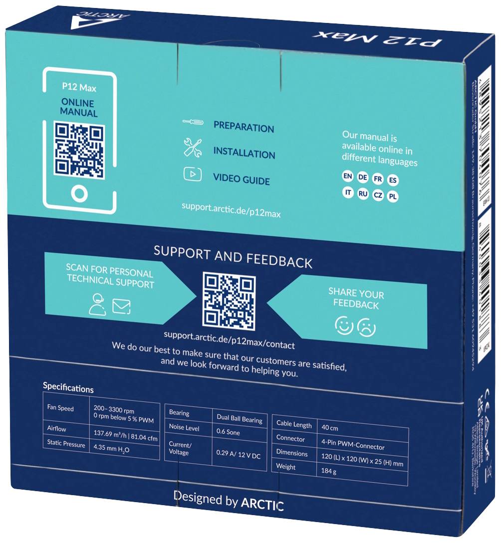 'P12 Max' verpakking met QR-code naar de handleiding. Instructies voor installatie, specificaties en contactgegevens voor technische ondersteuning.