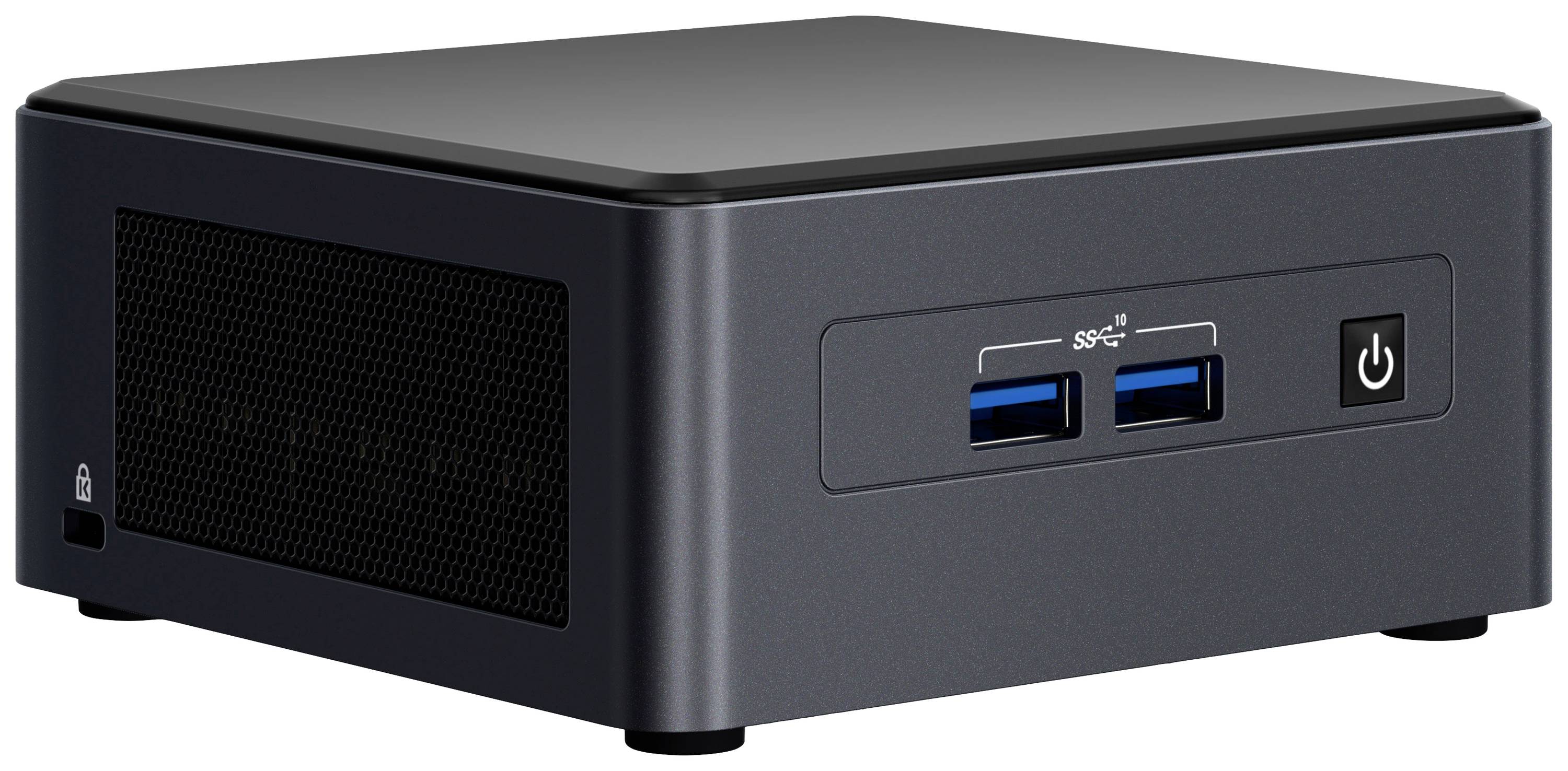 Een compacte, zwarte mini-pc met twee USB-poorten en een netschakelaar aan de voorkant.