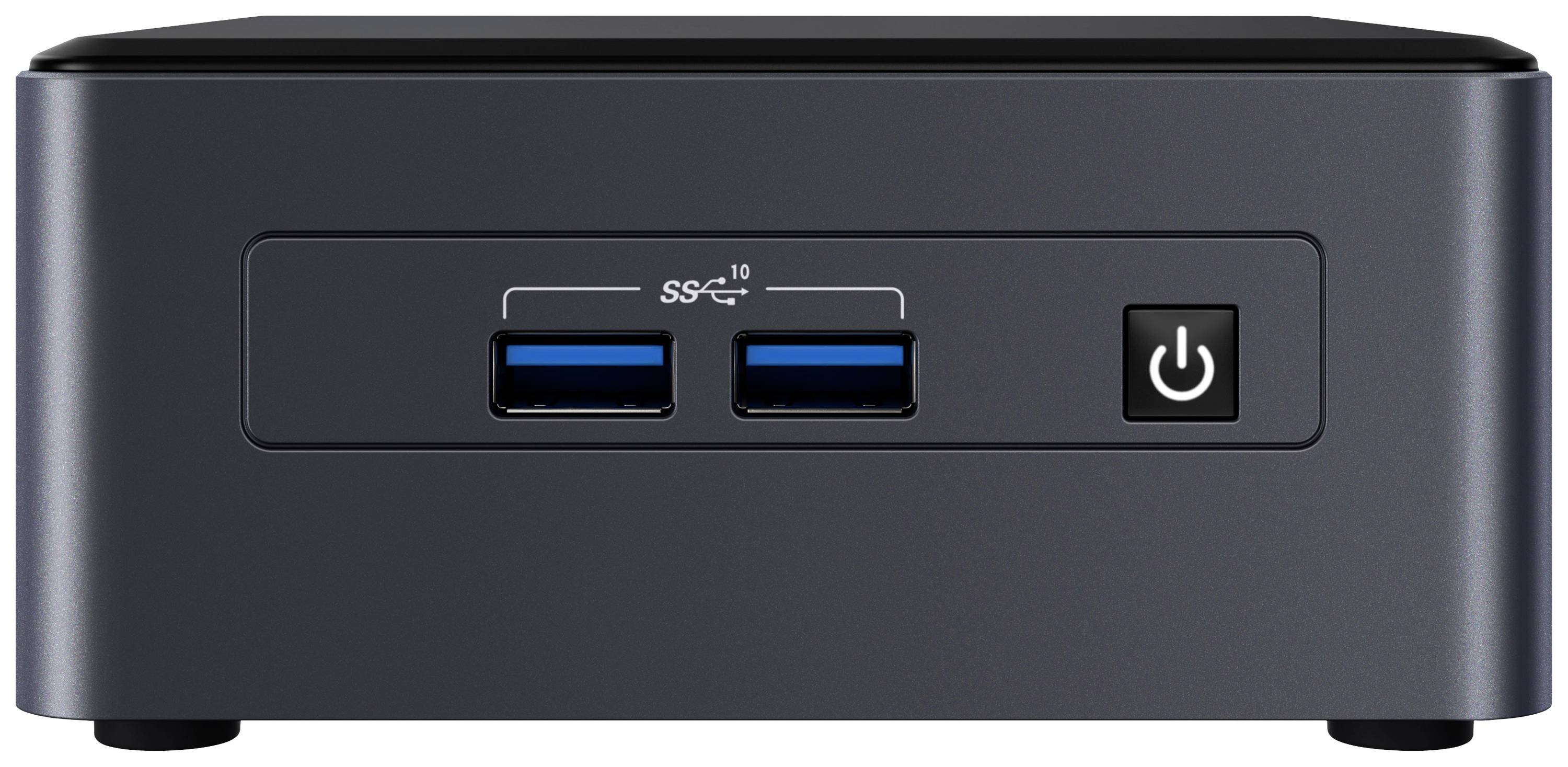 Een kleine zwarte mini-pc met twee USB-poorten en een netschakelaar aan de voorkant.
