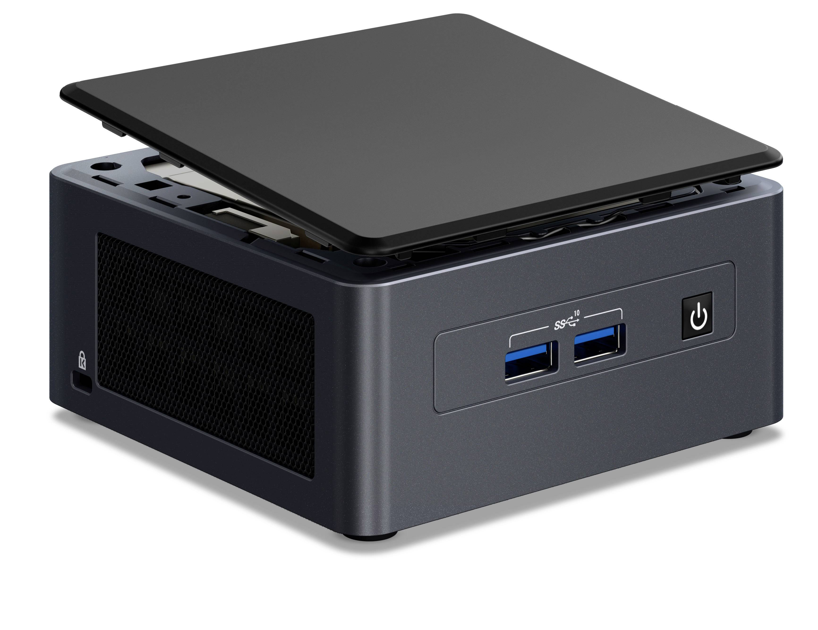 Een zwarte mini-pc met een afneembare behuizingsdeksel, twee zichtbare USB-poorten en een netschakelaar aan de voorkant.