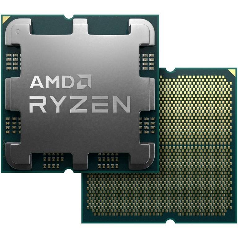 Twee computerprocessors boven elkaar. De voorste toont het logo 'AMD RYZEN', de achterste laat de contactpinnen zien.