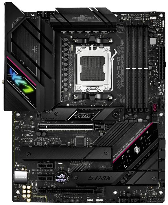 Zwart computermoederbord met gekleurde LED's, meerdere sleuven voor RAM en PCIe. Prominente voet voor processor.