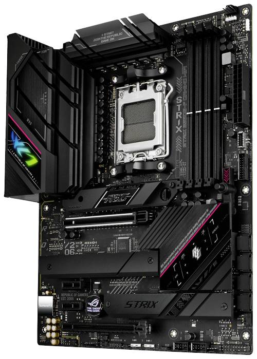 Zwart gaming-moederbord met RGB-verlichting, meerdere uitbreidingssleuven en een modern ontwerp. Geschikt voor krachtige computers.