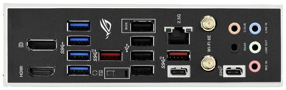 Achterkant van een computermoederbord met meerdere USB-poorten, Ethernet-poort, HDMI-uitgang en audio-aansluitingen.