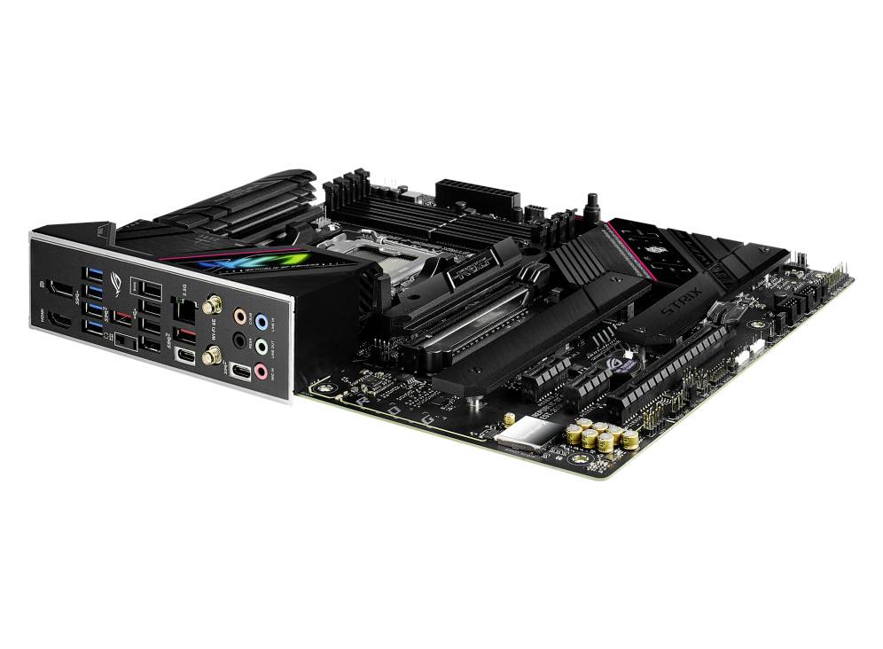 Een computermoederbord met meerdere aansluitingsmogelijkheden zoals USB, HDMI, audio-aansluitingen evenals slots voor RAM en processor.