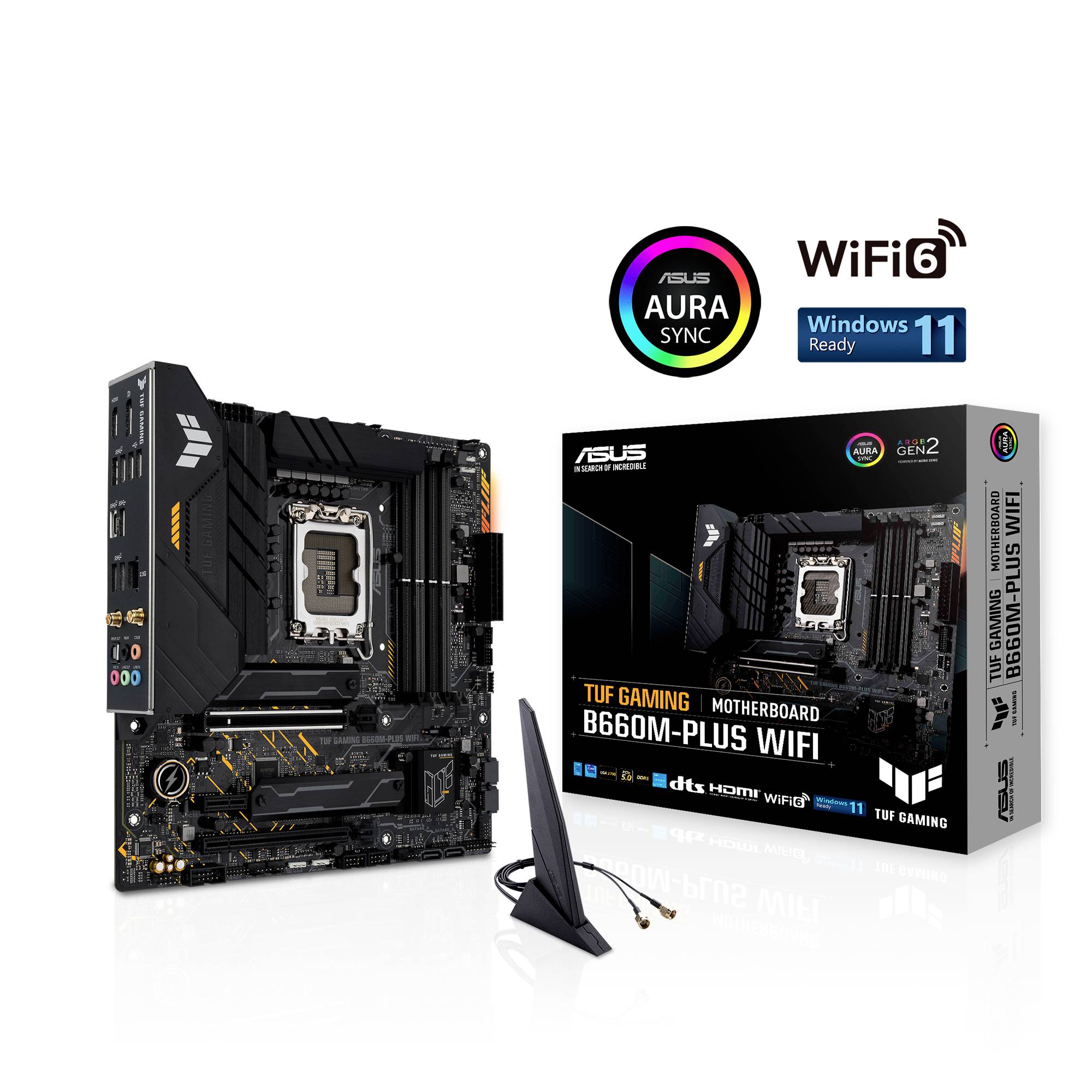Moederbord ASUS TUF Gaming B660M-PLUS WIFI D4 met WiFi 6, AURA Sync, Windows 11-compatibiliteit; inclusief antenne en verpakking.