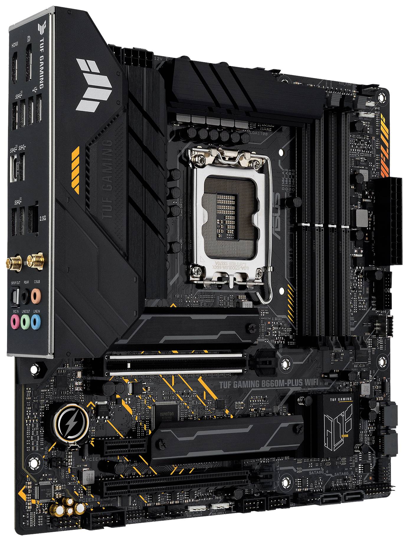 Een zwart computermoederbord met meerdere PCIe-sleuven, RAM-slots en aansluitingen. Merkenlogo en gekleurde accenten zichtbaar.