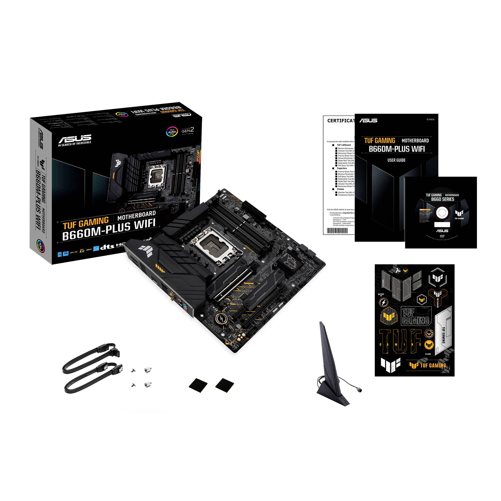 'ASUS TUF Gaming B660M-PLUS WIFI' Moederbord, verpakking, handleidingen, antenne, toebehoren en kabels zijn afgebeeld. Ideaal voor gaming-pc's.