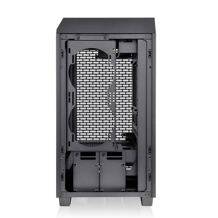 Een leeg zwart pc-behuizing met open voorkant, waar ruimte is voorzien voor ventilatoren en hardware-componenten.