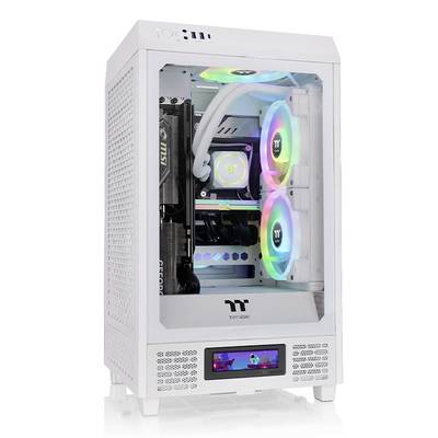 Een wit pc-behuizing met een transparant zijpaneel toont gekleurde LED-ventilatoren en moderne hardwarecomponenten aan de binnenkant.