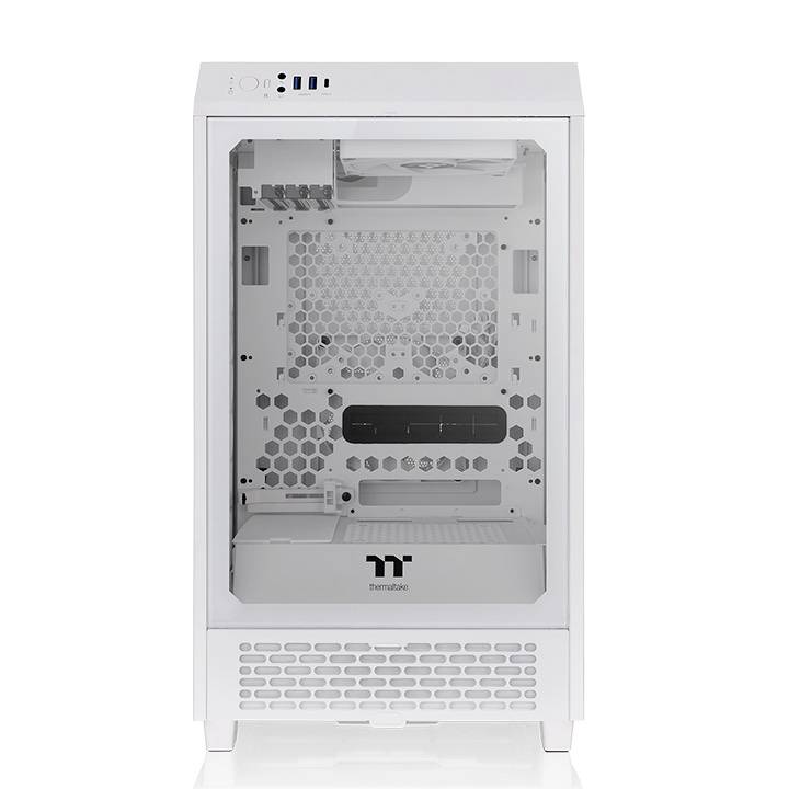 Een wit computerbehuizing met een transparante zijwand, toont binnenstructuur en ventilatierooster.