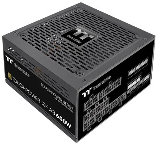650-Watt-PC-voeding met opdruk 'Thermaltake Toughpower GF A3', zwart ontwerp met ventilatierooster en aansluitingen aan de zijkant.