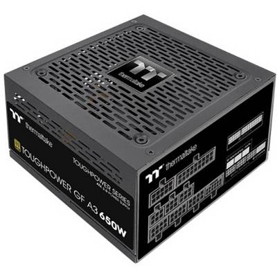 650-Watt-PC-voeding met opdruk 'Thermaltake Toughpower GF A3', zwart ontwerp met ventilatierooster en aansluitingen aan de zijkant.
