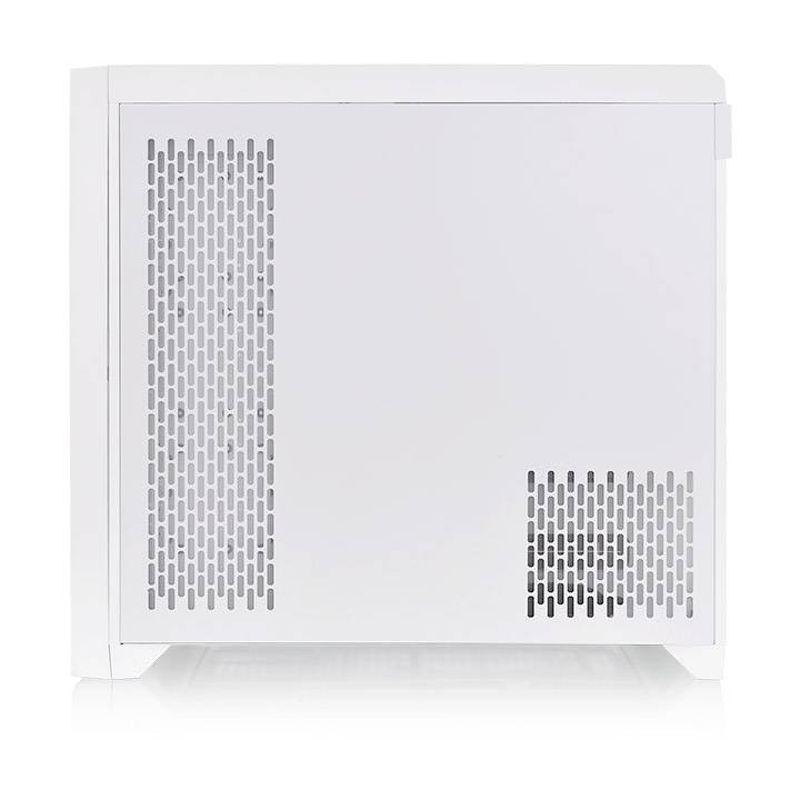 Een wit computerbehuizing met twee ventilatieroosters aan de linkerkant, in een minimalistisch design.