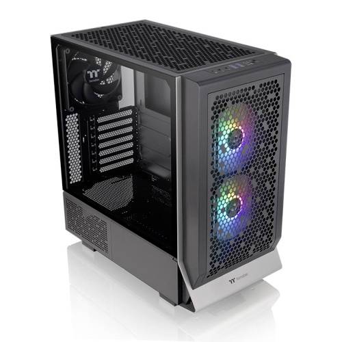 Computerbehuizing met zijraam van glas en RGB-verlichting aan de voorzijde. Twee ventilatoren zijn zichtbaar. Ideaal voor gaming-pc's.