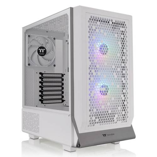 Een wit computerbehuizing met een zijdelingse ventilator en verlichte frontale ventilatoren die kleurrijke lichten uitstralen.