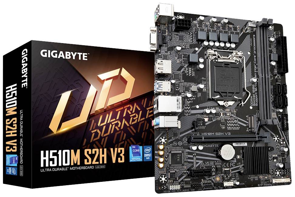 Op de afbeelding staat het Gigabyte-moederbord H510M S2H V3 met zijn verpakking. Het toont aansluitingen en een PCIe-sleuf.