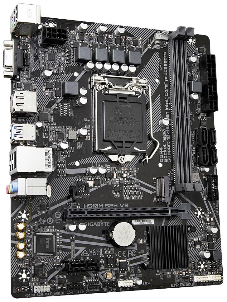Een zwart moederbord met meerdere aansluitingen, USB-poorten en RAM-sleuven, geschikt voor Intel-processors.