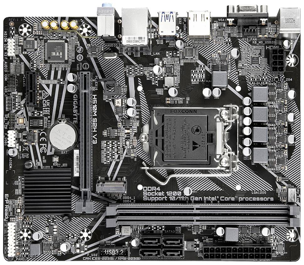 Afbeelding van een zwart moederbord met de aanduiding 'DDR4 Socket 1200' en ondersteuning voor Intel Core-processors van de 10e/11e generatie.