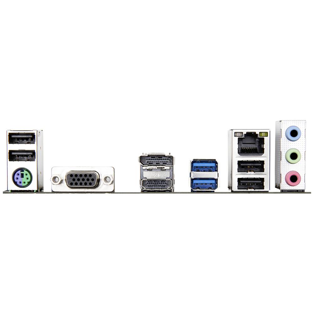 Achterkant van een moederbord met verschillende aansluitingen: PS/2, VGA, HDMI, DisplayPort, USB-poorten, Ethernet en audio-aansluitingen.