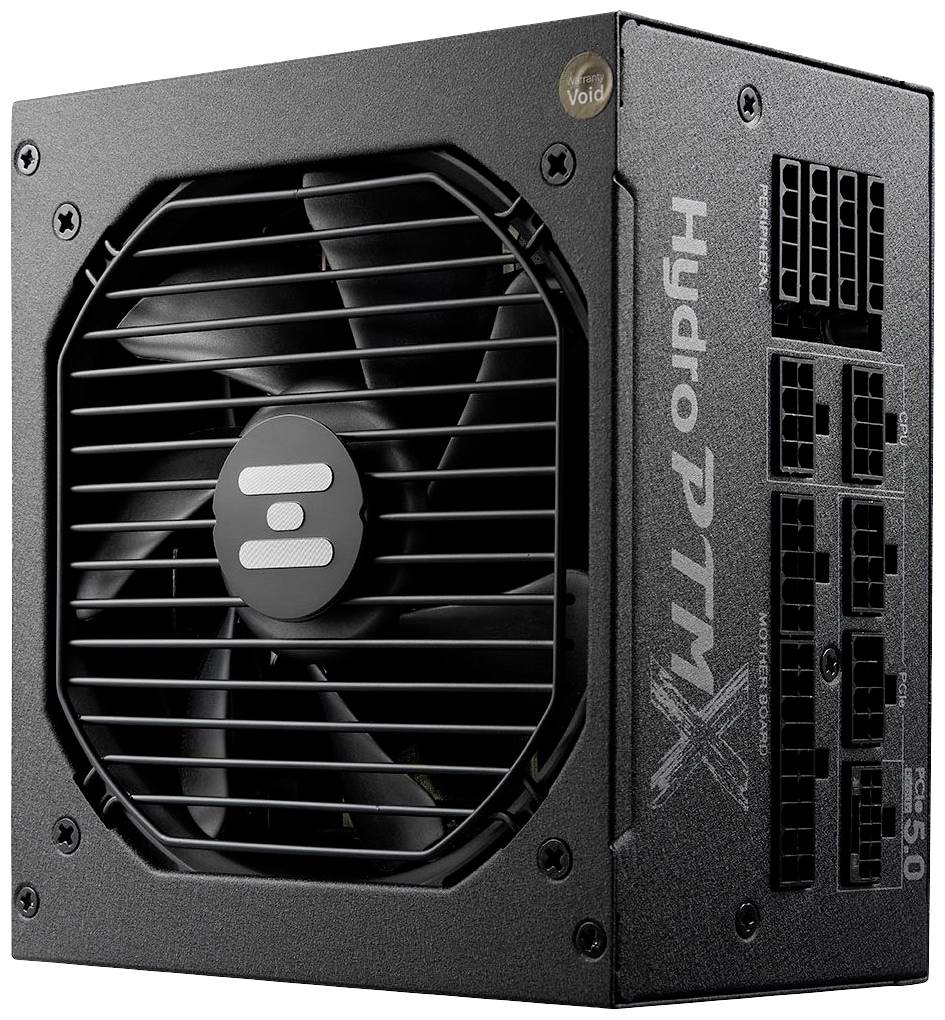 Zwart pc-voedingsapparaat met ventilator en meerdere aansluitingen aan de rechterkant, gekenmerkt als 'Hydro PTM X'.