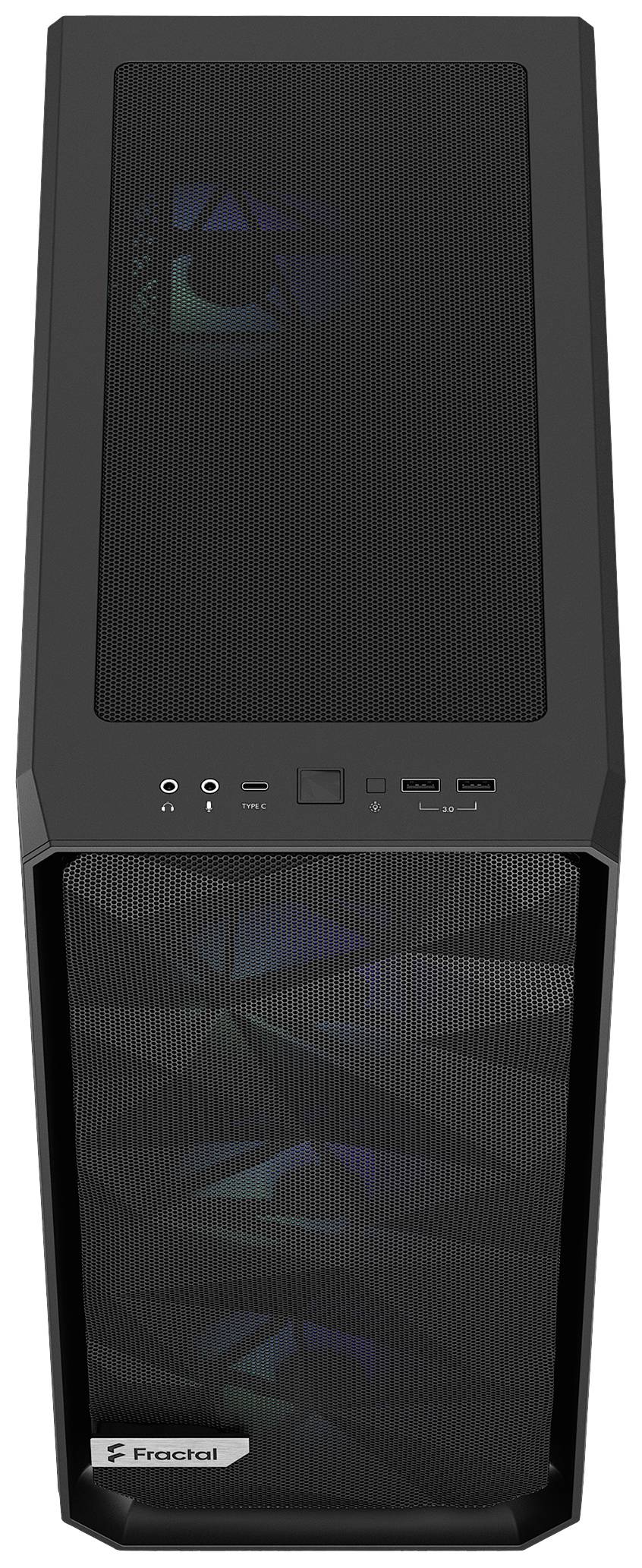 Een zwarte computerbehuizing met frontrooster en verlichte ventilatoren. Bovenop bevinden zich bedieningsknoppen en USB-poorten.