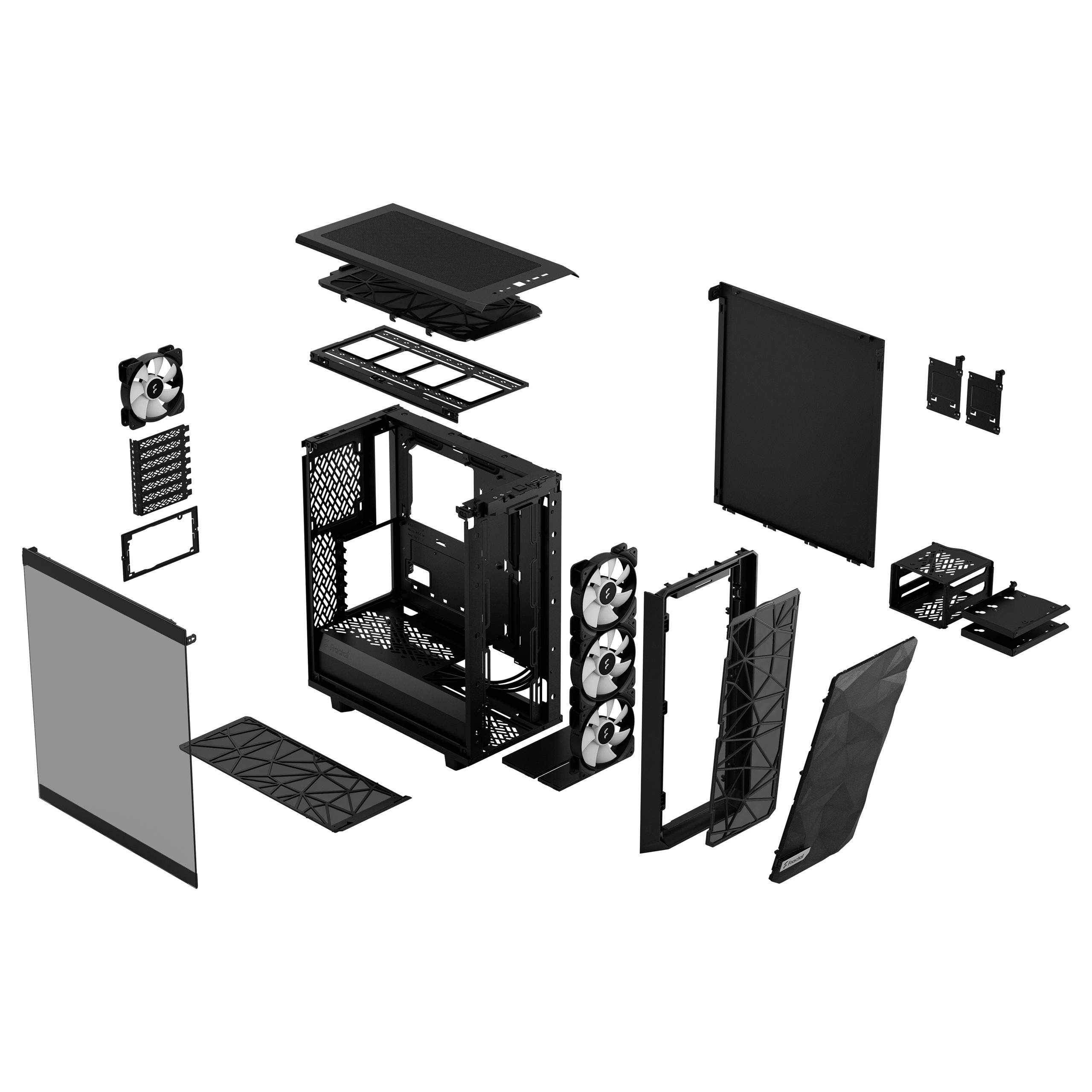 Gedemonteerde computerbehuizing met zichtbare onderdelen, waaronder behuizingscomponenten, ventilatoren en schroeven, toont opbouw en structuur.