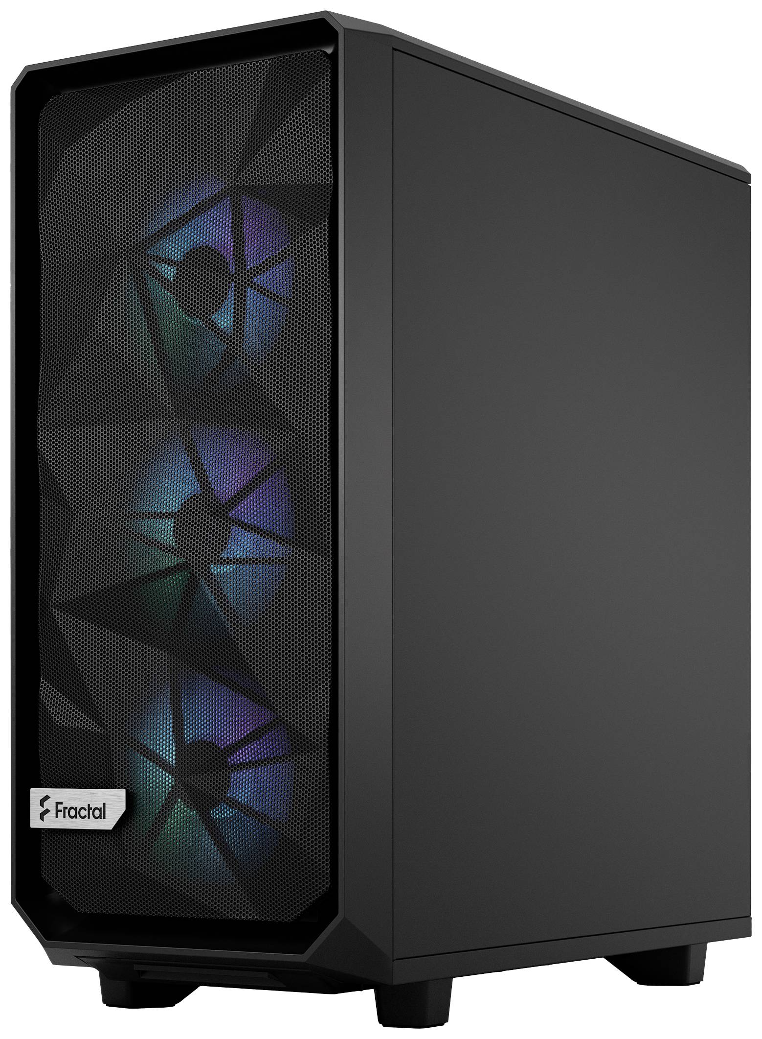 Zwart computerbehuizing met zichtbare ventilatoren die RGB-verlichting hebben. Voorkant toont het Fractal-logo.