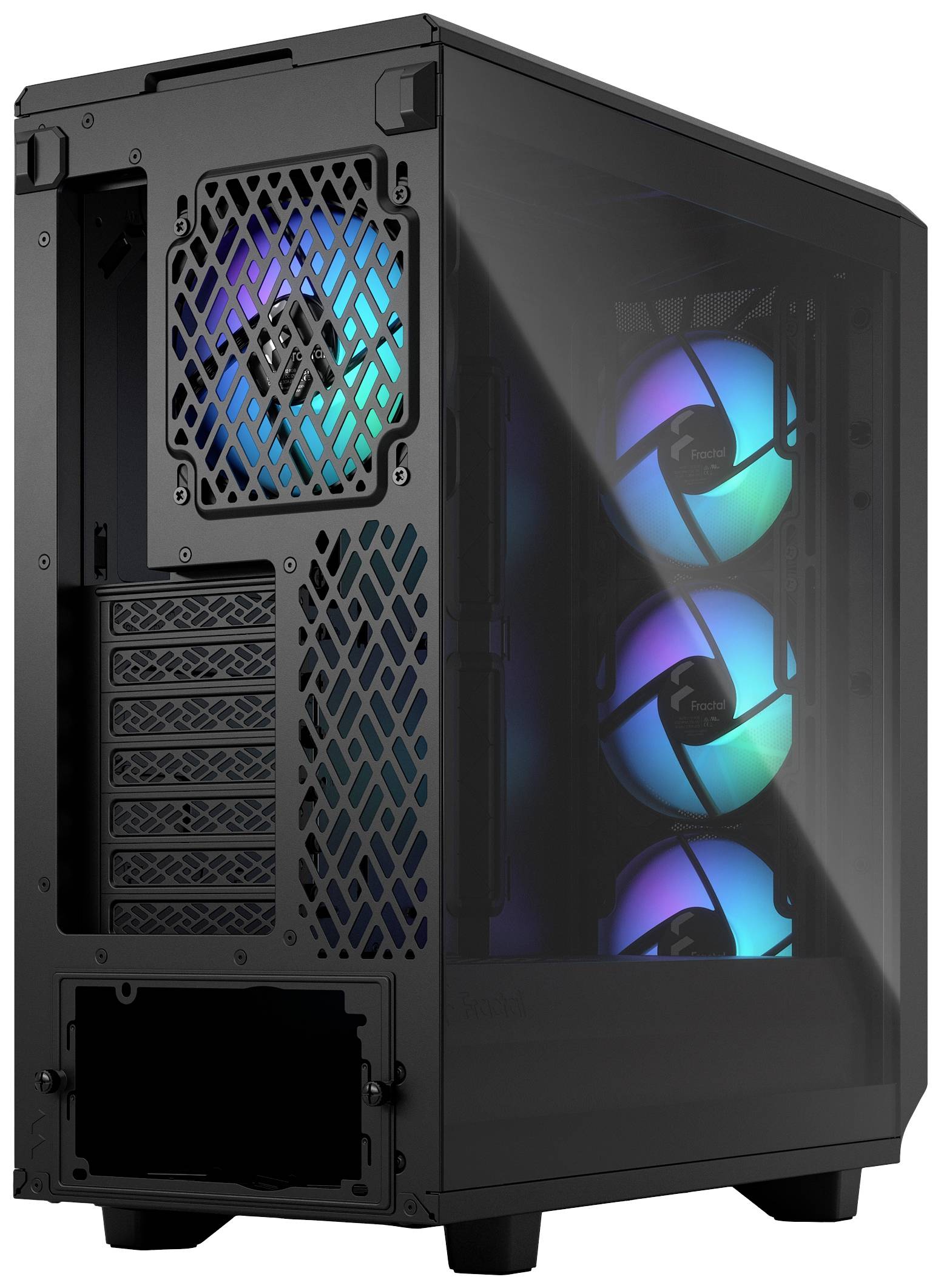 Een zwarte computerbehuizing met een transparant zijpaneel toont drie verlichte ventilatoren in blauw en groen.