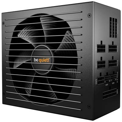 Zwart voedingstoestel met ventilator en het opschrift 'be quiet!'. Verschillende aansluitingen voor kabels zijn zichtbaar aan de rechterkant.