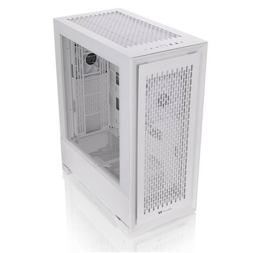 Wit pc-behuizing met zijdelings en bovenaan verluchtingsrooster en ruimte voor ventilatoren en hardwarecomponenten.