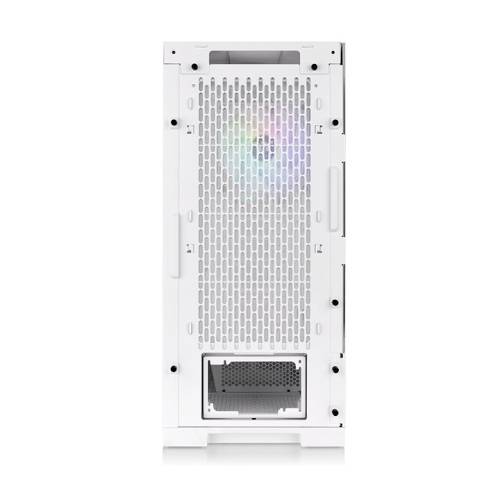 Witte achterkant van een computerbehuizing met verluchtingsrooster en een bovenaan geplaatste RGB-verlichte ventilator.