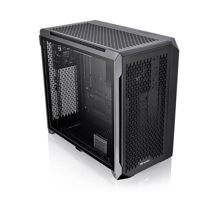 Zwart computerbehuizing met zijdelings zichtvenster, ontworpen voor PC-componentenmontage. Ventilatierooster bovenaan en aan de zijkant.