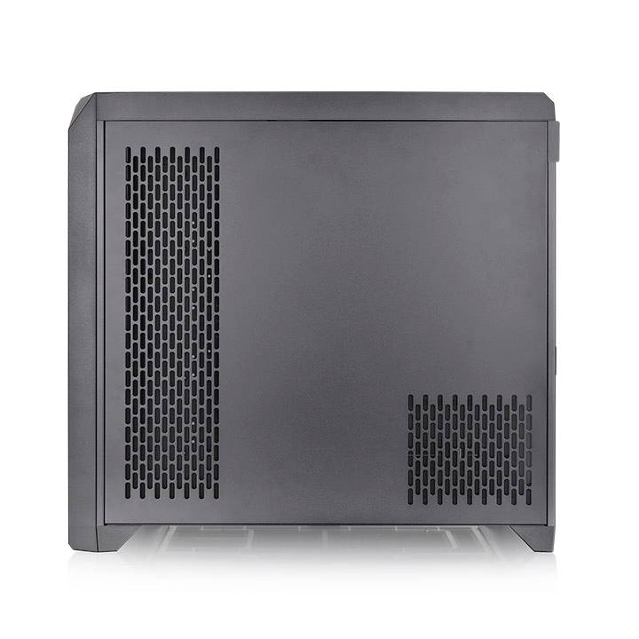 Zwart computerbehuizing met zijdelingse ventilatiesleuven.