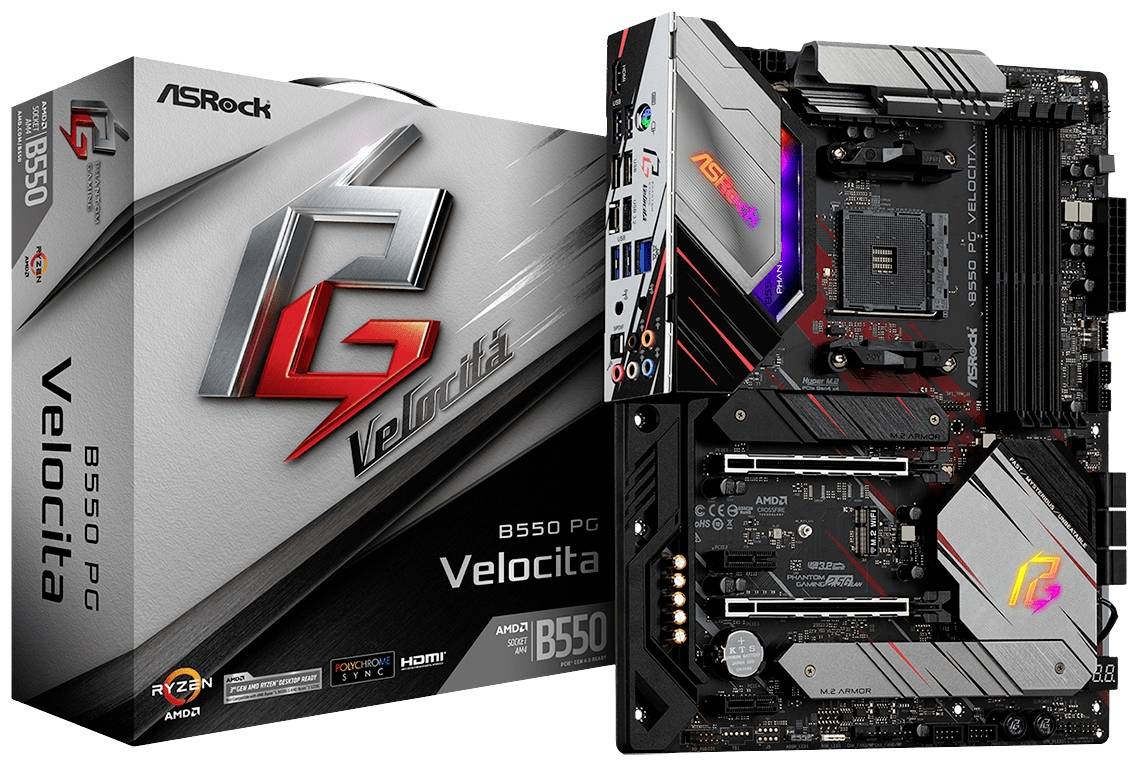 ASRock B550 PG Velocita Moederbord met RGB-verlichting, verschillende slots en aansluitingen. Verpakking toont het logo en modelinformatie.