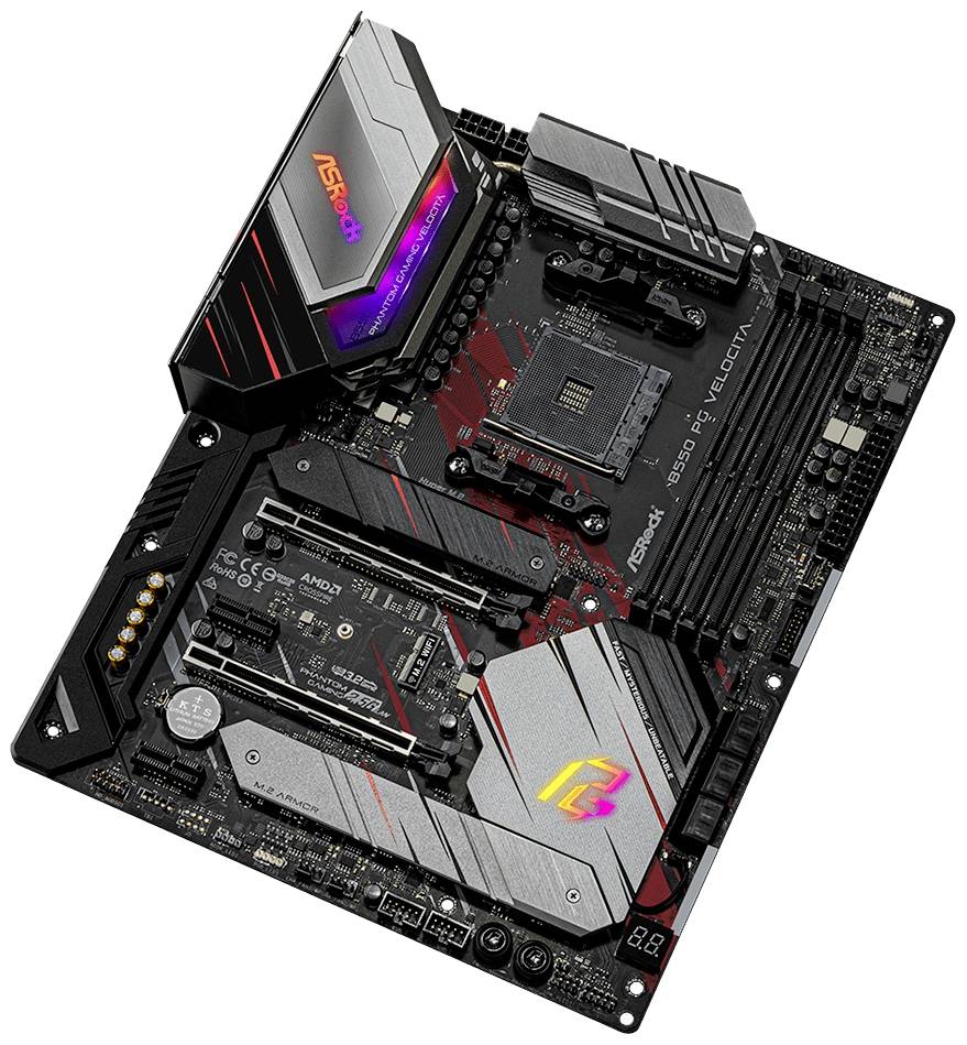 Moederbord met AMD-CPU-socket, RGB-verlichting, meerdere PCIe-sleuven en RAM-slots. Markering op een koellichaam zichtbaar.