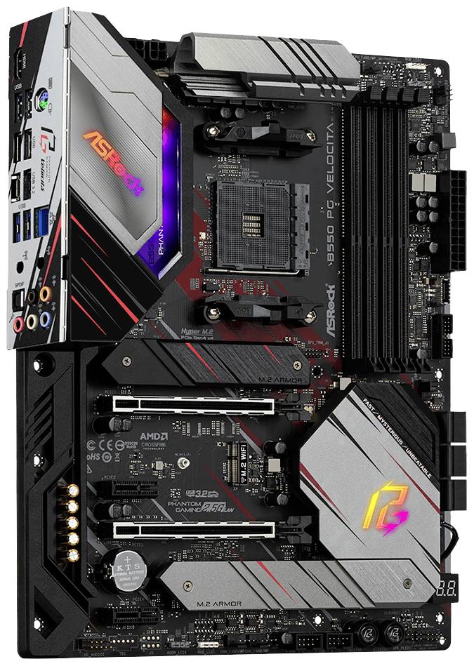 Moederbord van ASRock met RGB-verlichting en PCIe-sleuven, geschikt voor computerbouw en krachtige toepassingen.