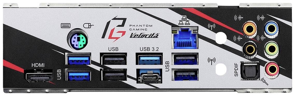 'Achterkant van een moederbord met aansluitingen: HDMI, USB-poorten, netwerkpoort, audioaansluitingen en label "Phantom Gaming Velocita".'